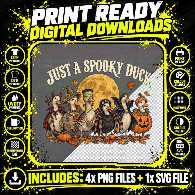 Just a Spooky Duck Halloween Costume Devil Scarecrow Spider Full Moon T-Shirt Png SVG Digital Bundle