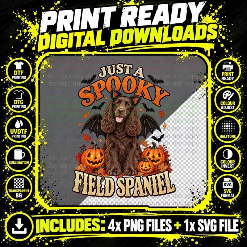 Halloween Field Spaniel Spooky Bat Dog Jack O Lantern Png SVG Digital Bundle