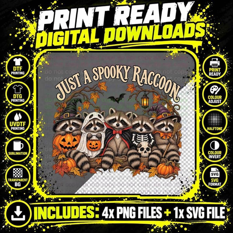 Just a Spooky Raccoon Halloween Costume Witch Ghost Skeleton Pumpkins T-Shirt Png SVG Digital Bundle
