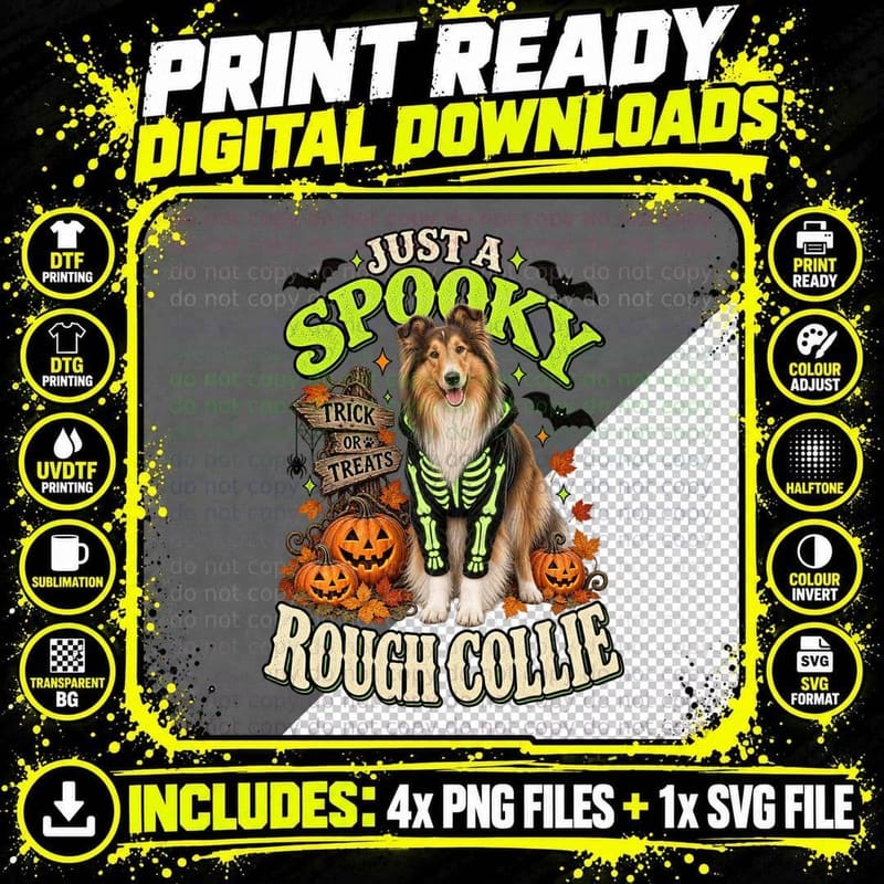 Just a Spooky Rough Collie Glow Skeleton Halloween Trick or Treat Dog T-Shirt Png SVG Digital Bundle