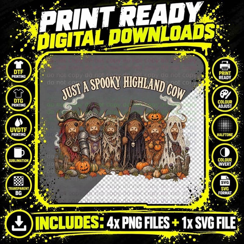 Just a Spooky Highland Cow Halloween Costume Pirate Knight Grim Reaper T-Shirt Png SVG Digital Bundle
