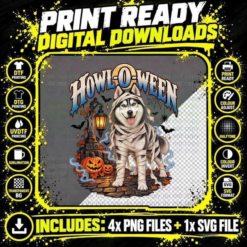 Howl-O-Ween Siberian Husky Mummy Costume Halloween Pun Spooky Pumpkins T-Shirt Png SVG Digital Bundle