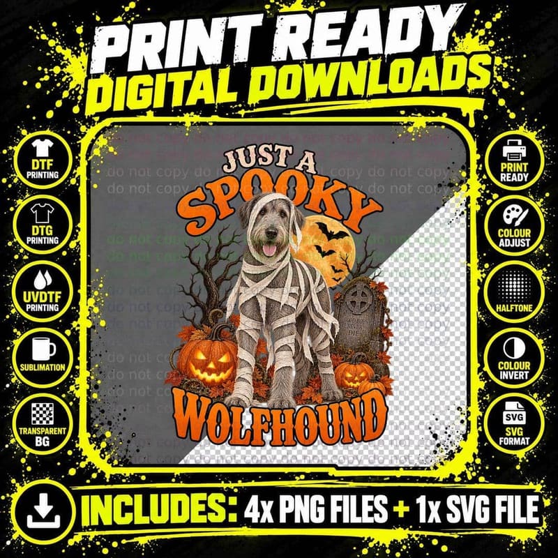 Just a Spooky Irish Wolfhound Mummy Halloween Full Moon Graveyard Dog T-Shirt Png SVG Digital Bundle