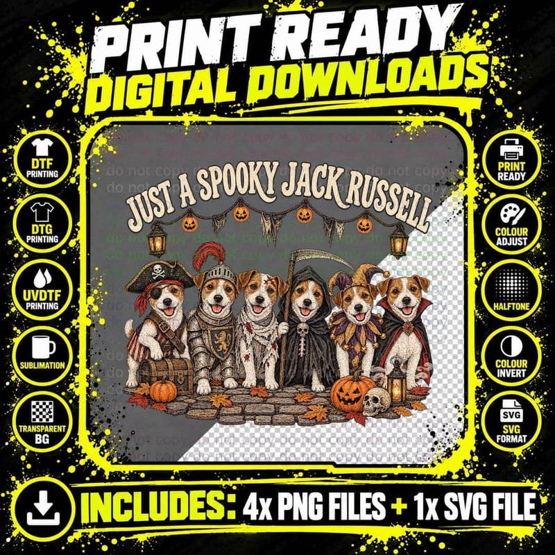 Just a Spooky Jack Russell Terrier Halloween Costume Pirate Jester T-Shirt Png SVG Digital Bundle
