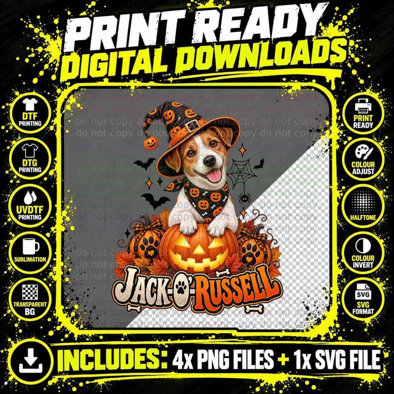 Jack-O'-Russell Halloween Cat Ears Vintage Retro Terrier Png SVG Digital Bundle
