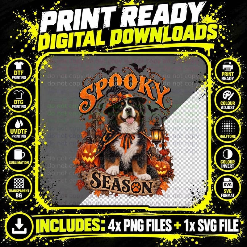 Just a Spooky Bernese Mountain Dog Retro Halloween Devil Png SVG Digital Bundle