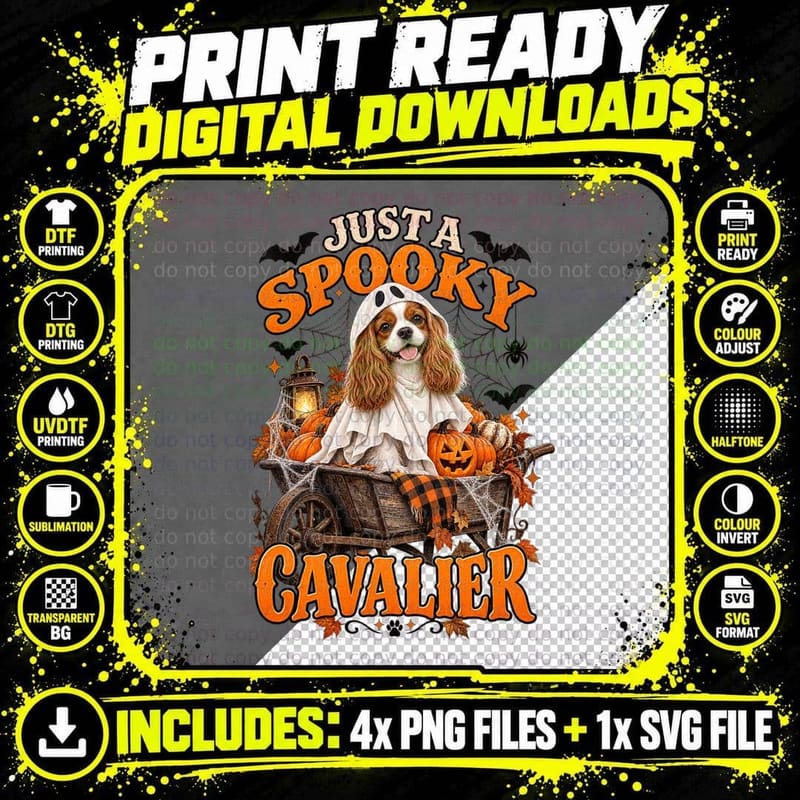 Just a Spooky Cavalier Retro Halloween Ghost Pumpkin Png SVG Digital Bundle