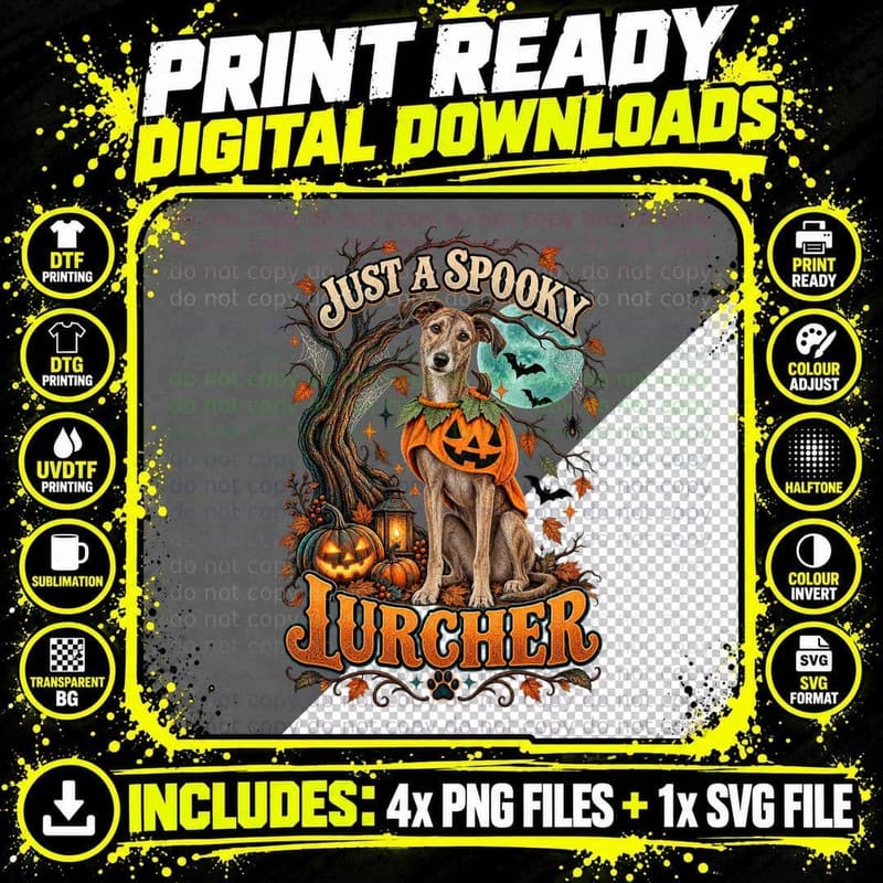 Just a Spooky Lurcher Vintage Halloween Pumpkin Costume Png SVG Digital Bundle