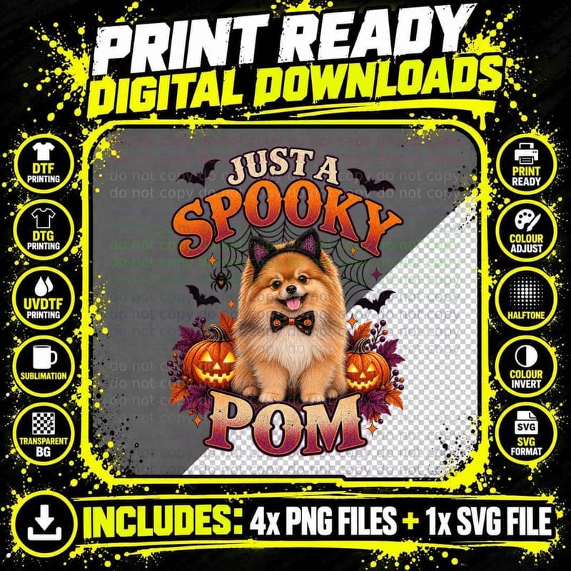 Just a Spooky Pom Pomeranian Cat Ears Bow Tie Halloween Pumpkins Bats T-Shirt Png SVG Digital Bundle