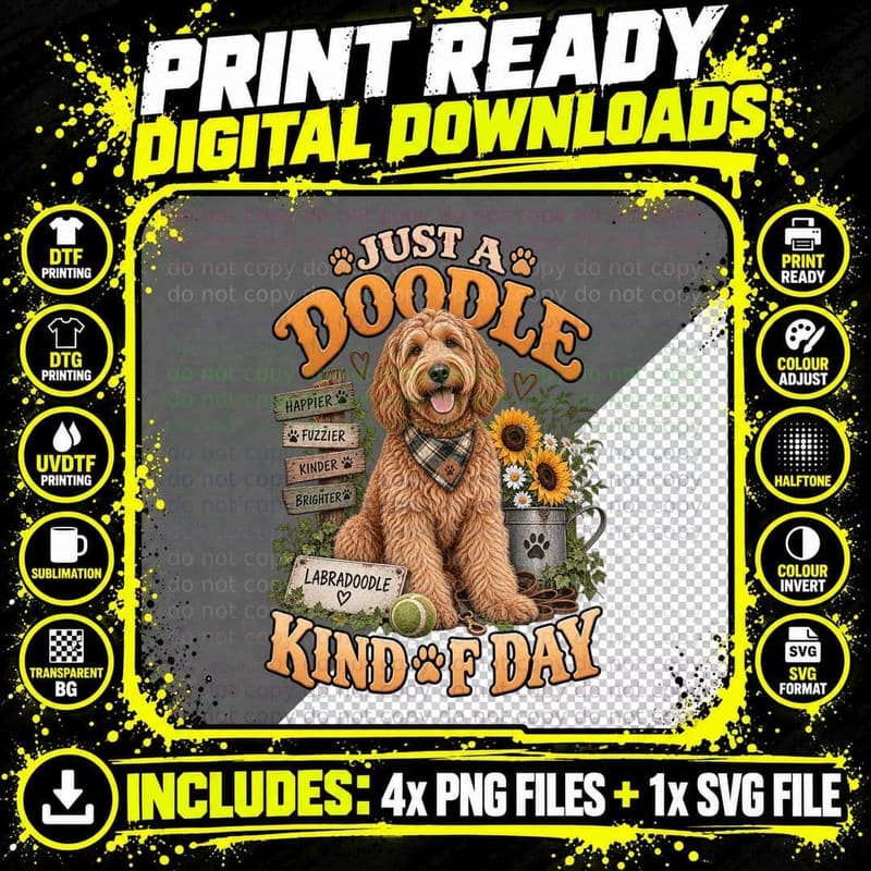Just a Doodle Kind of Day Labradoodle Dog Sunflowers Plaid Bandana Cute T-Shirt Png SVG Digital Bundle