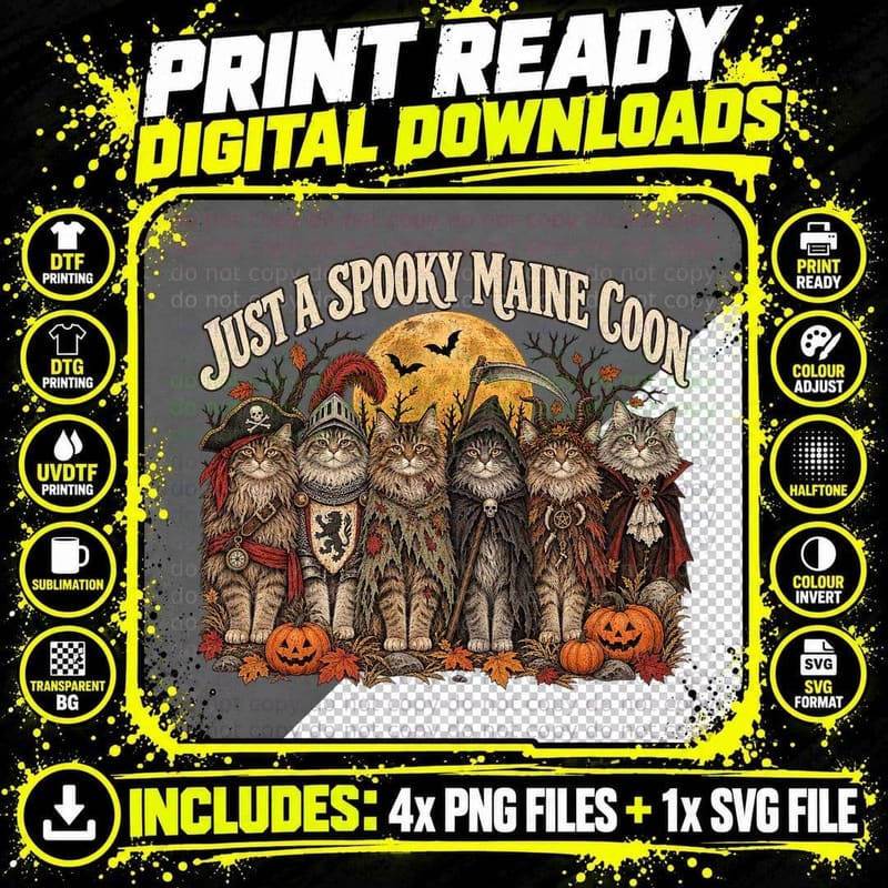 Just a Spooky Maine Coon Cats Halloween Costume Pirate Grim Reaper T-Shirt Png SVG Digital Bundle
