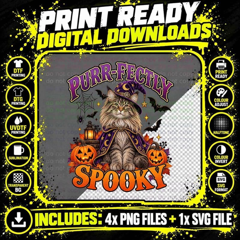 Purr-Fectly Spooky Maine Coon Wizard Cat Halloween Pun Witchy Moon Stars T-Shirt Png SVG Digital Bundle