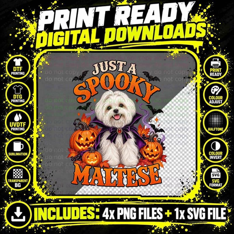 Just a Spooky Maltese Vampire Cape Halloween Pumpkins Bats White Dog T-Shirt Png SVG Digital Bundle