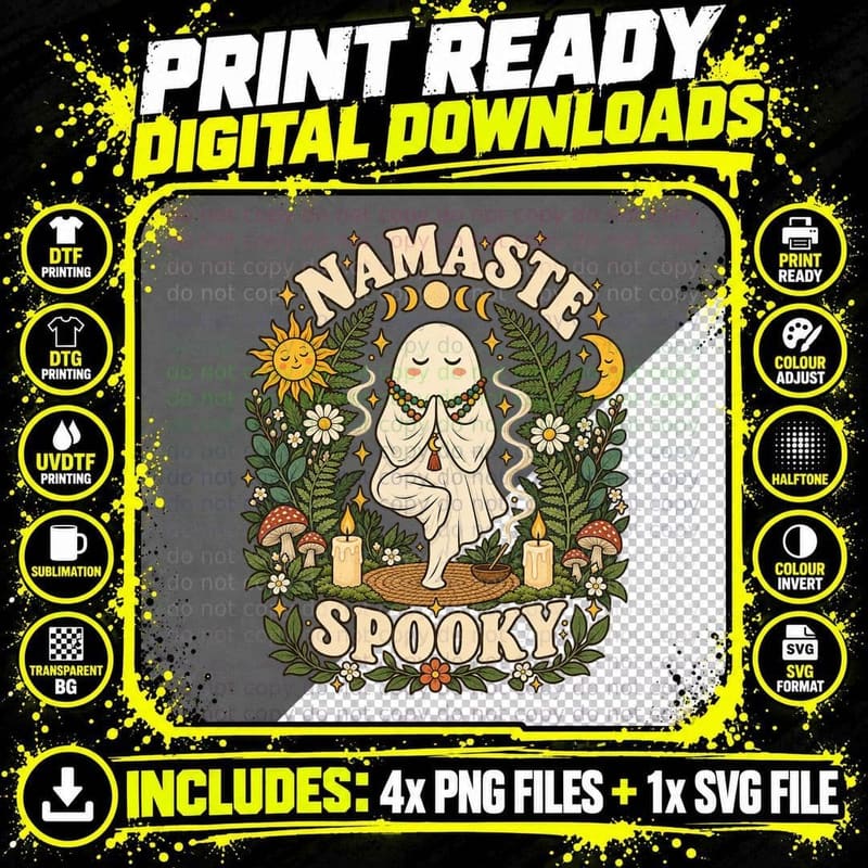 Namaste Spooky Ghost Yoga Tree Pose Moon Phases Boho Witchy Spiritual T-Shirt Png SVG Digital Bundle