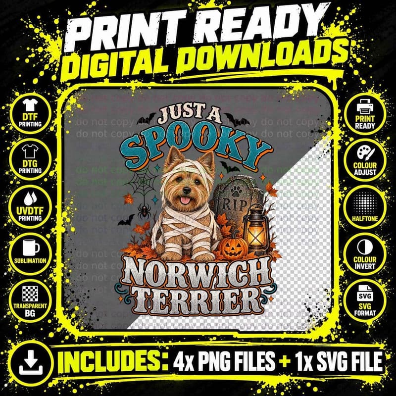 Norwich Terrier Halloween Vintage Spooky Mummy Costume Png SVG Digital Bundle