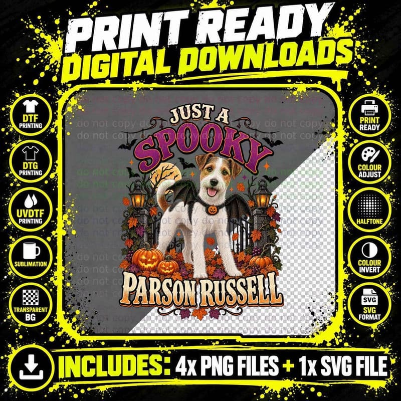 Parson Russell Terrier Halloween Vintage Spooky Bat Png SVG Digital Bundle