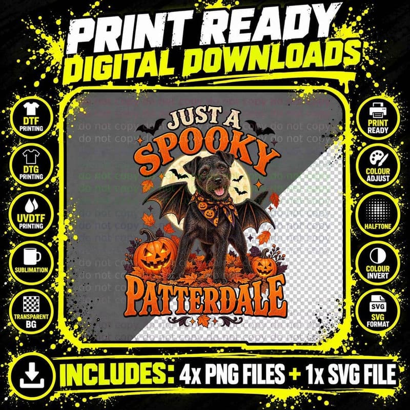 Just a Spooky Patterdale Terrier Bat Wings Halloween Full Moon Black Dog T-Shirt Png SVG Digital Bundle