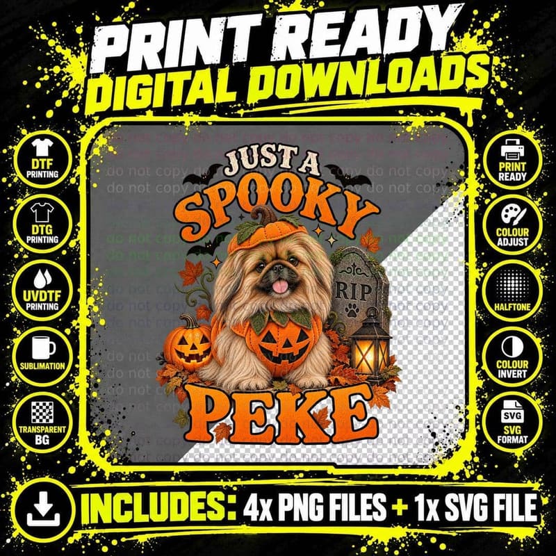 Just a Spooky Peke Pekingese Pumpkin Hat Halloween Tombstone Cute Dog T-Shirt Png SVG Digital Bundle