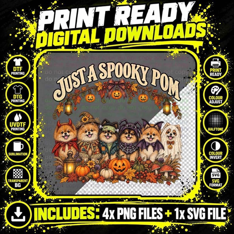 Just a Spooky Pom Pomeranians Halloween Costume Devil Bat Ghost Pumpkins T-Shirt Png SVG Digital Bundle