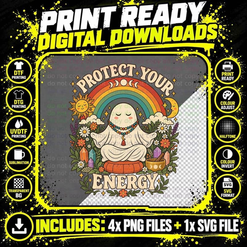 Protect Your Energy Ghost Meditation Spiritual Rainbow Png SVG Digital Bundle