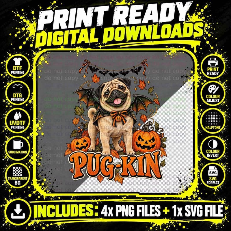 Pug Halloween Bat Wings Pumpkin Retro Spooky Pug Costume Png SVG Digital Bundle