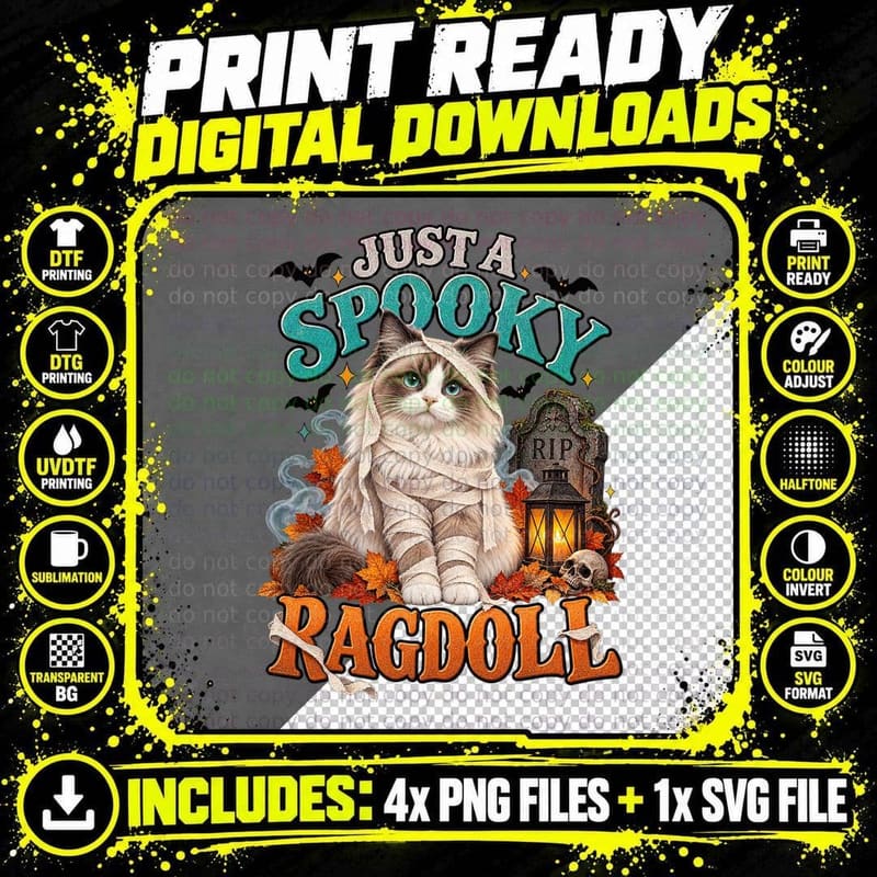 Just a Spooky Ragdoll Cat Mummy Costume Halloween Tombstone Skull T-Shirt Png SVG Digital Bundle