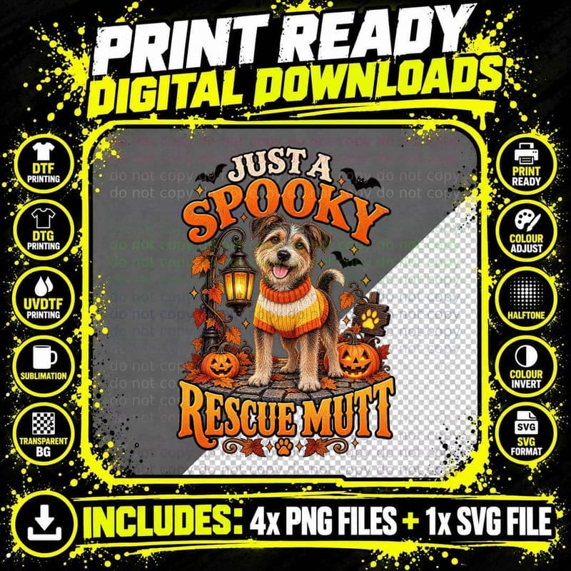 Just a Spooky Rescue Mutt Dog Candy Corn Jumper Halloween Pumpkins Retro T-Shirt Png SVG Digital Bundle