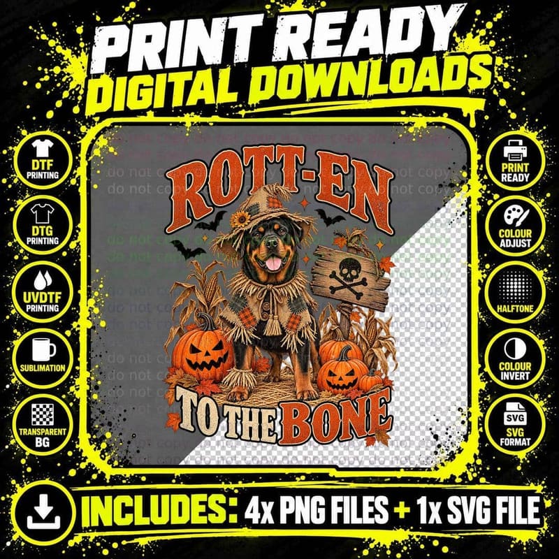 Rottweiler Halloween Scarecrow Dog Vintage Rott-en to Png SVG Digital Bundle