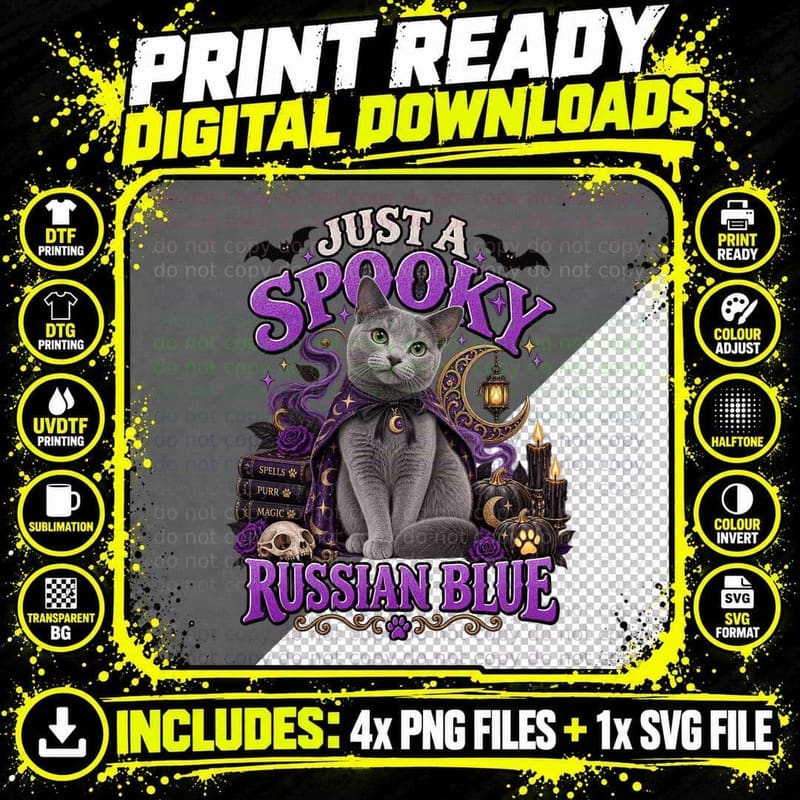 Just a Spooky Russian Blue Cat Witch Cape Spell Books Moon Halloween T-Shirt Png SVG Digital Bundle