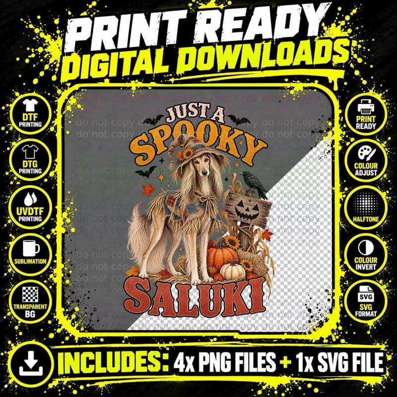 Just a Spooky Saluki Scarecrow Costume Halloween Sunflowers Autumn Dog T-Shirt Png SVG Digital Bundle