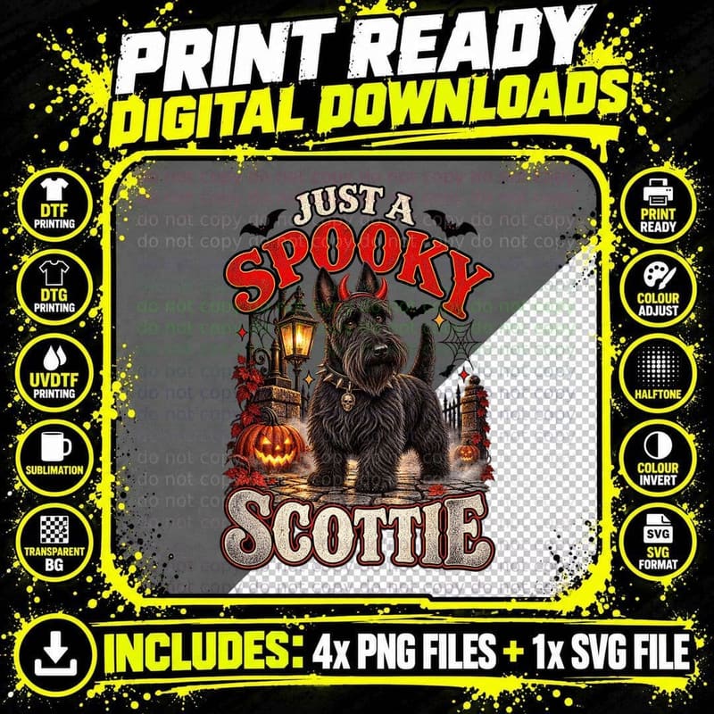 Scottish Terrier Halloween Vintage Spooky Devil Horns Png SVG Digital Bundle