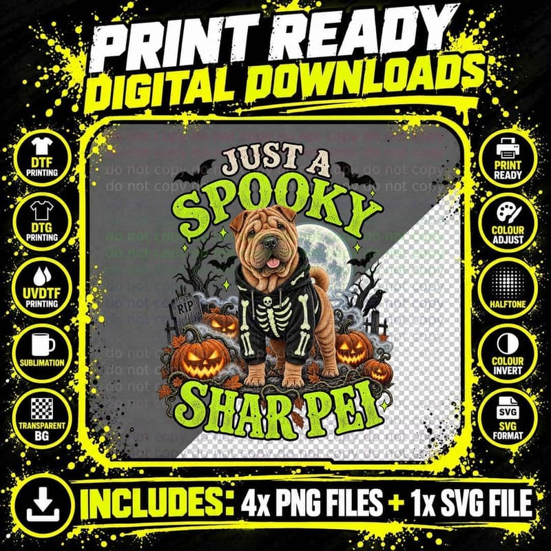 Shar Pei Halloween Skeleton Vintage Pumpkin Patch Dog Png SVG Digital Bundle