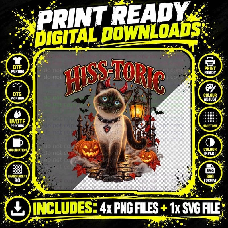 Hiss-Toric Siamese Cat Devil Horns Halloween Pun Gothic Spooky Lantern T-Shirt Png SVG Digital Bundle