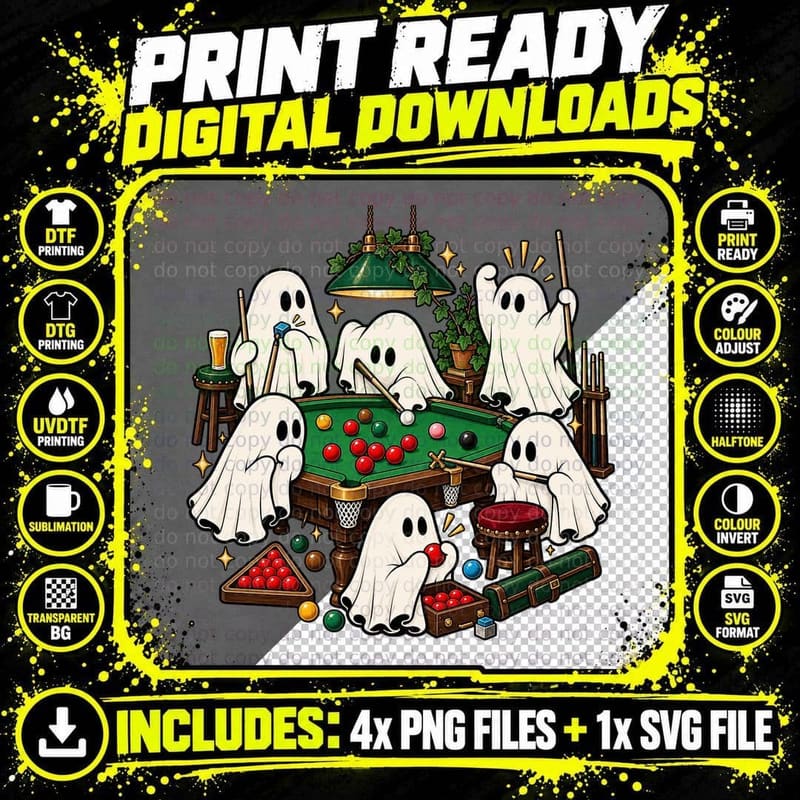 Snooker Ghost Billiards Player Cue Ball Funny Spooky Png SVG Digital Bundle