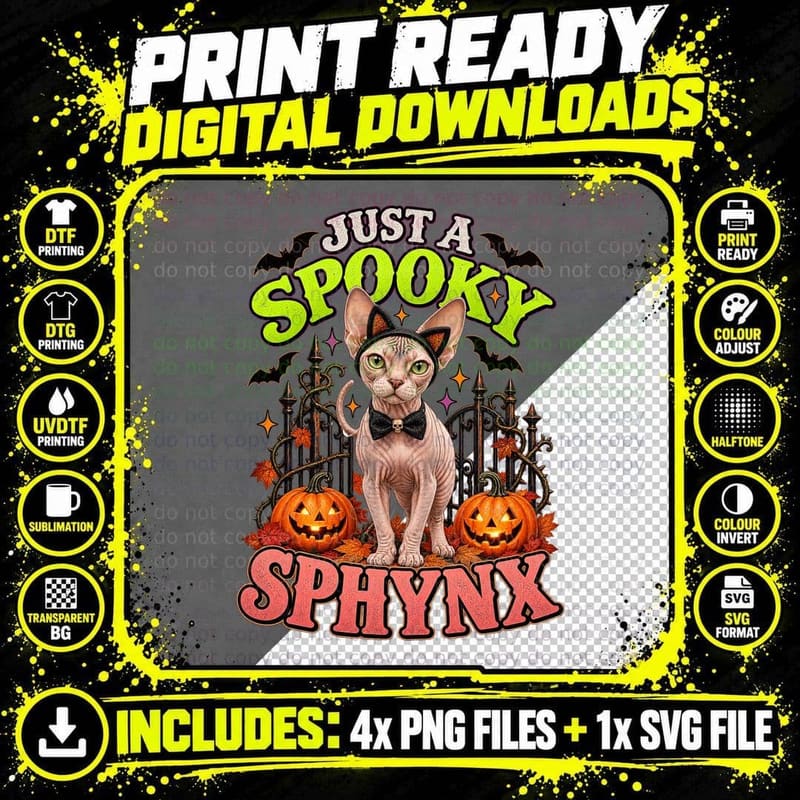 Just a Spooky Sphynx Hairless Cat Bat Ears Gothic Halloween Pumpkins T-Shirt Png SVG Digital Bundle