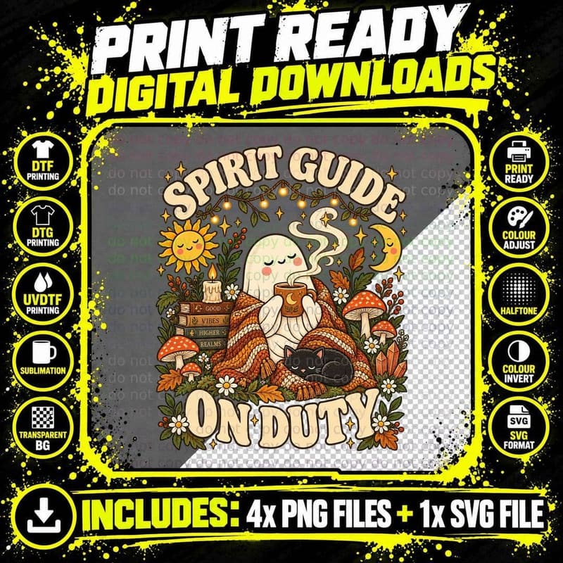 Spirit Guide on Duty Cozy Ghost Cottagecore Witchy Retro Png SVG Digital Bundle
