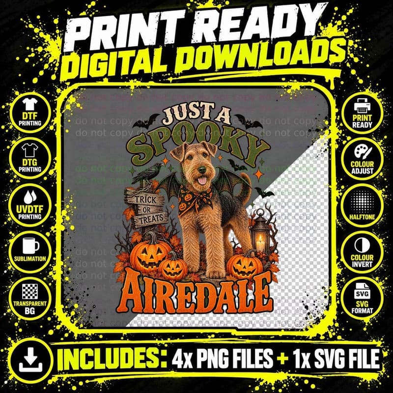 Just a Spooky Airedale Terrier Bat Wings Halloween Trick or Treat Dog T-Shirt Png SVG Digital Bundle