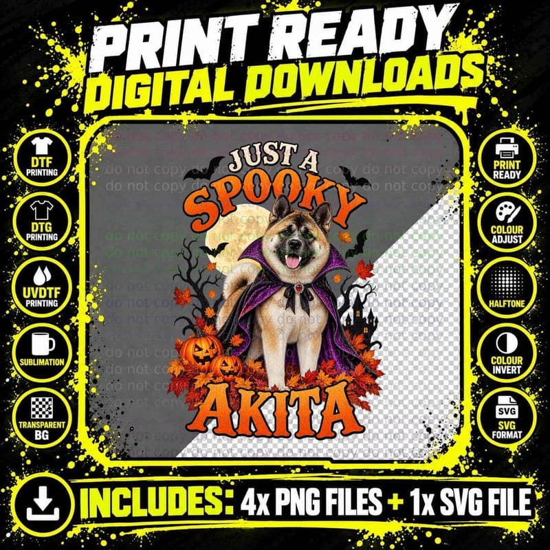 Just a Spooky Akita Vampire Cape Halloween Full Moon Pumpkins Dog Breed T-Shirt Png SVG Digital Bundle