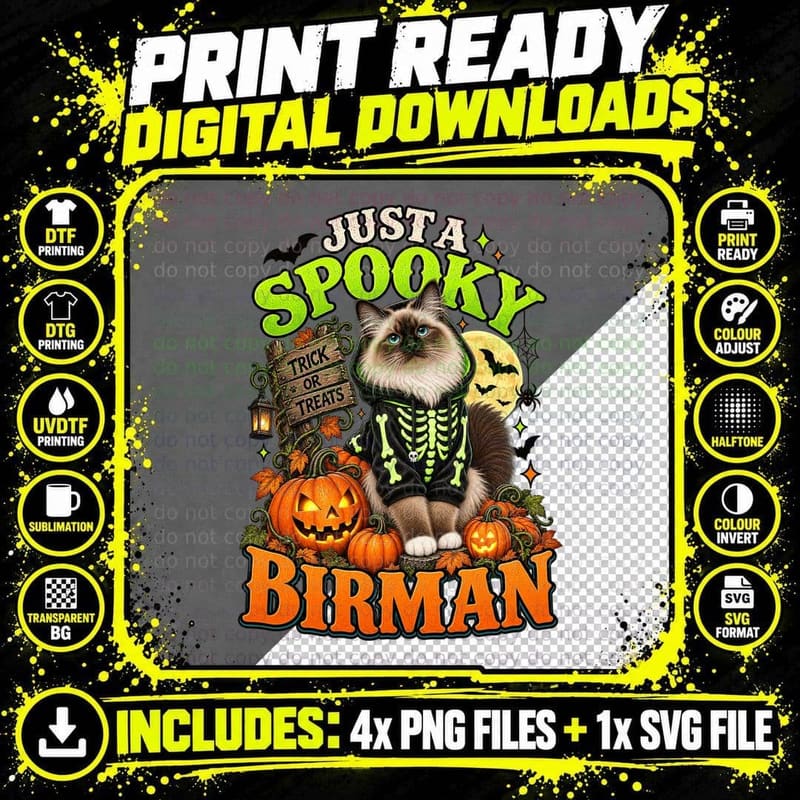 Just a Spooky Birman Cat Glow Skeleton Hoodie Halloween Trick or Treat T-Shirt Png SVG Digital Bundle