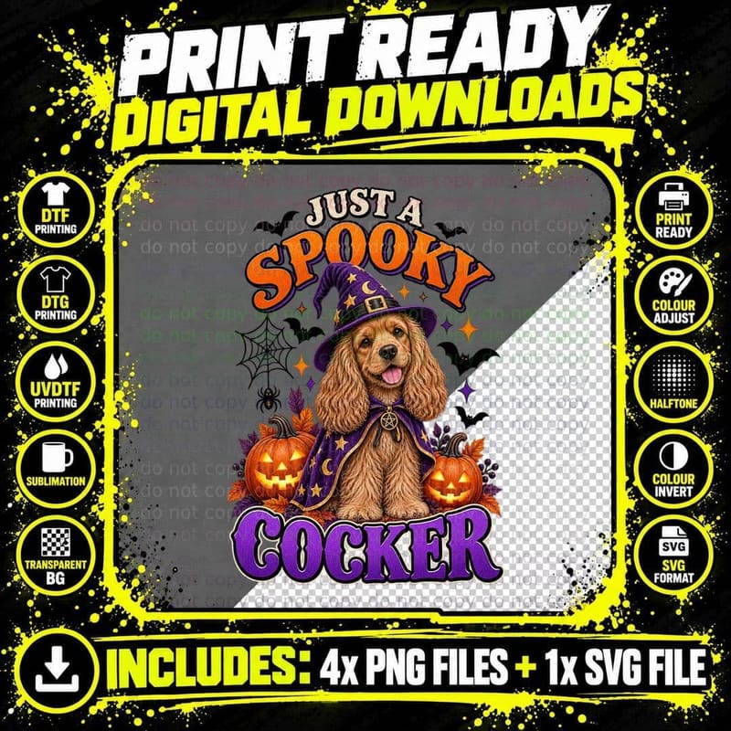 Spooky Cocker Halloween Wizard Vintage Retro Cocker Png SVG Digital Bundle