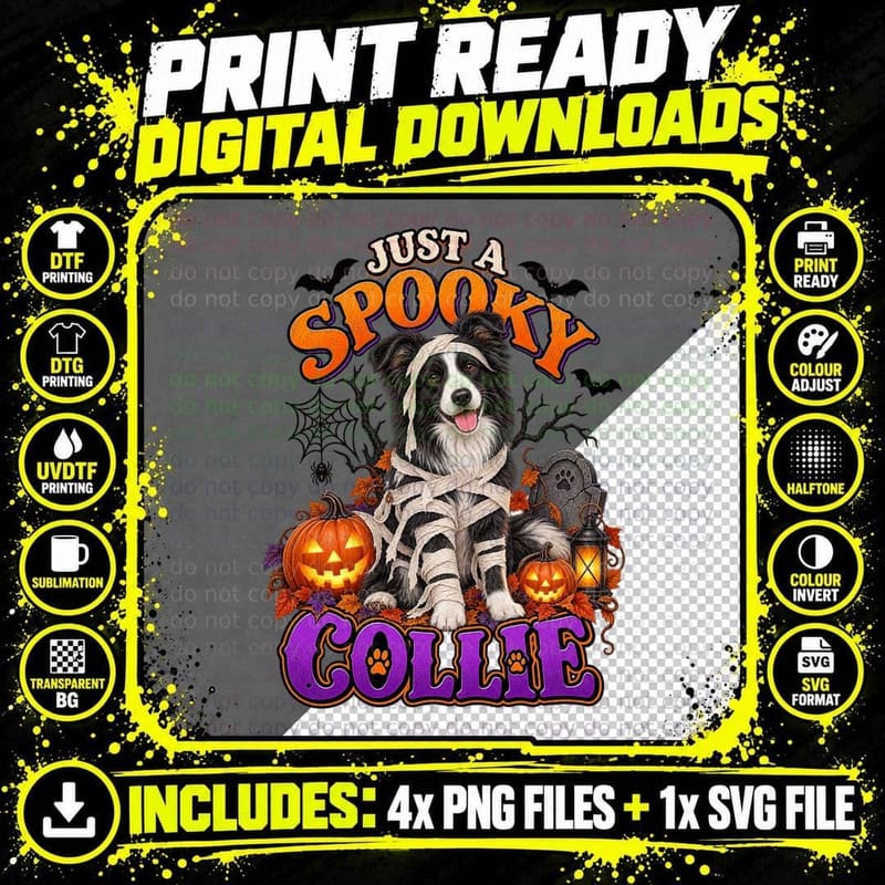 Spooky Collie Halloween Mummy Vintage Retro Border Png SVG Digital Bundle