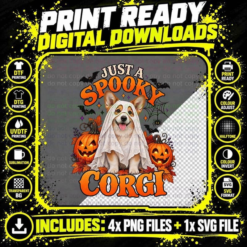 Just a Spooky Corgi Ghost Sheet Costume Halloween Pumpkins Cute Dog T-Shirt Png SVG Digital Bundle