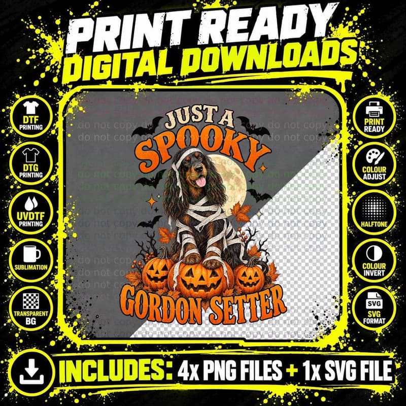Just a Spooky Gordon Setter Mummy Costume Halloween Full Moon Pumpkins T-Shirt Png SVG Digital Bundle