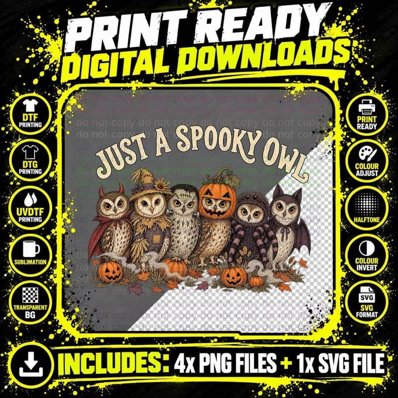 Just a Spooky Owl Halloween Costume Devil Scarecrow Monster Spider Bat T-Shirt Png SVG Digital Bundle