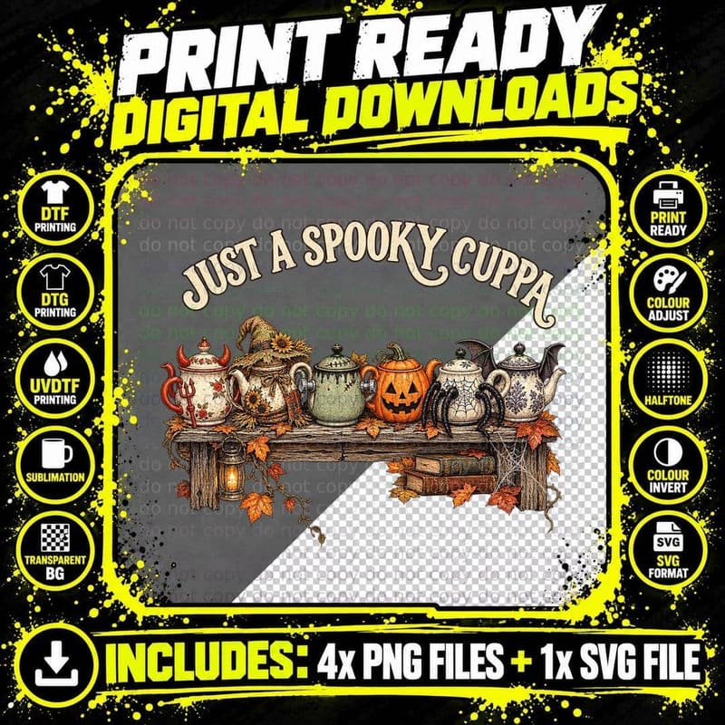 Just a Spooky Cuppa Halloween Teapots Witchy Tea Lover Pumpkin Vintage T-Shirt Png SVG Digital Bundle