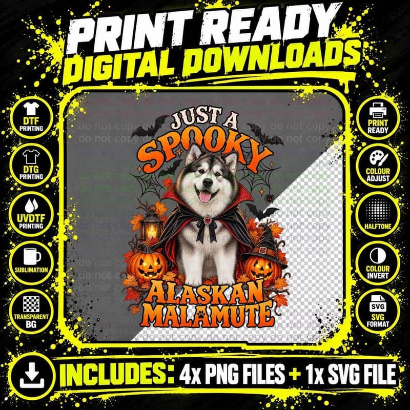 Just a Spooky Alaskan Malamute Vampire Cape Halloween Pumpkins Bats Dog T-Shirt Png SVG Digital Bundle