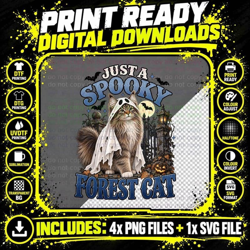 Spooky Norwegian Forest Cat Halloween Vintage Ghost Cat Png SVG Digital Bundle