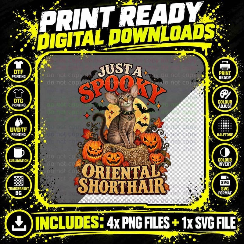 Spooky Oriental Shorthair Halloween Vintage Devil Cat Png SVG Digital Bundle