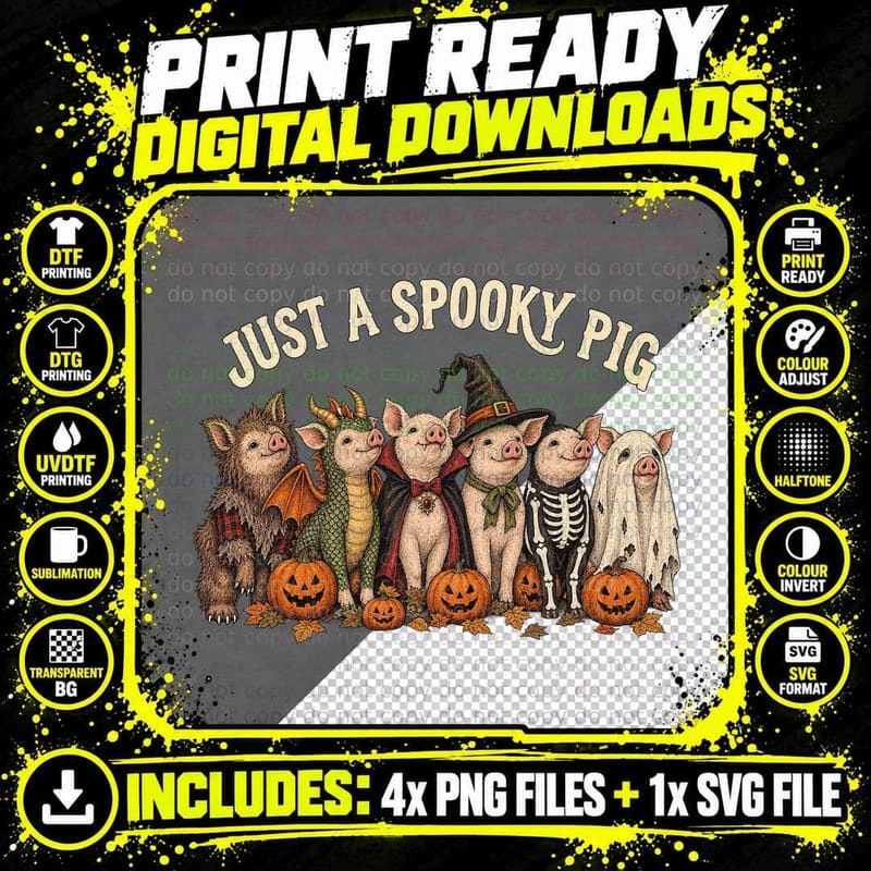 Just a Spooky Pig Halloween Costume Werewolf Dragon Vampire Witch Ghost T-Shirt Png SVG Digital Bundle