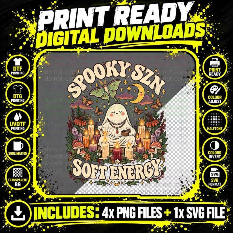 Spooky SZN Soft Energy Ghost Candle Witchy Moth Retro Png SVG Digital Bundle
